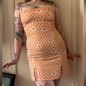 Flattering Orange Checker Flower Power Cute Mini Dress w/Leg Slits & Ruffle Bust